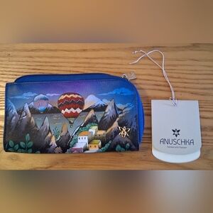 NWT Anuschka Blue Hand Painted Hot Balloon Mountain Eyeglass Case w/ Velour Line